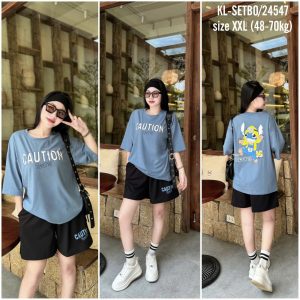 SET ĐUÌ ÁO THUN PHOM RỘNG QUẦN DA CÁ IN CAUTION KHÁNH LA
