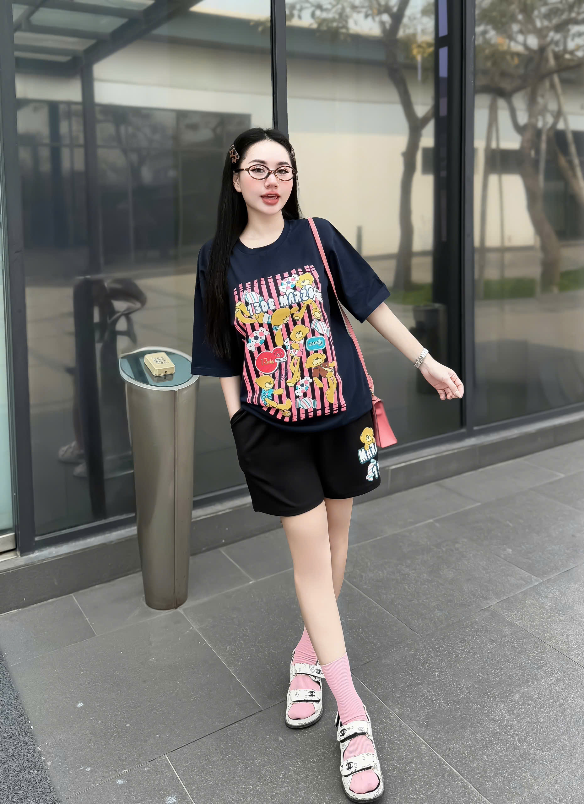 SET ĐÙI ÁO THUN PHOM RỘNG QUẦN DA CÁ IN HÌNH GẤU TRẺ TRUNG - Ảnh 4