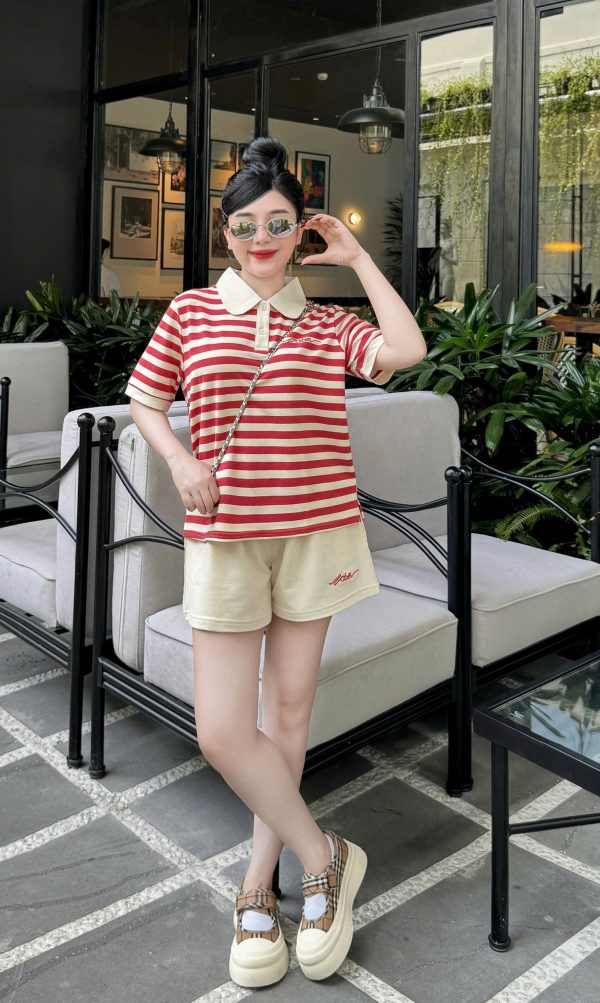 Set Bộ đùi cổ trụ áo sọc thêu chữ quần màu Khanh La - Ảnh 13