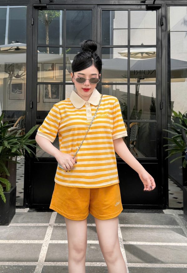 Set Bộ đùi cổ trụ áo sọc thêu chữ quần màu Khanh La - Ảnh 7