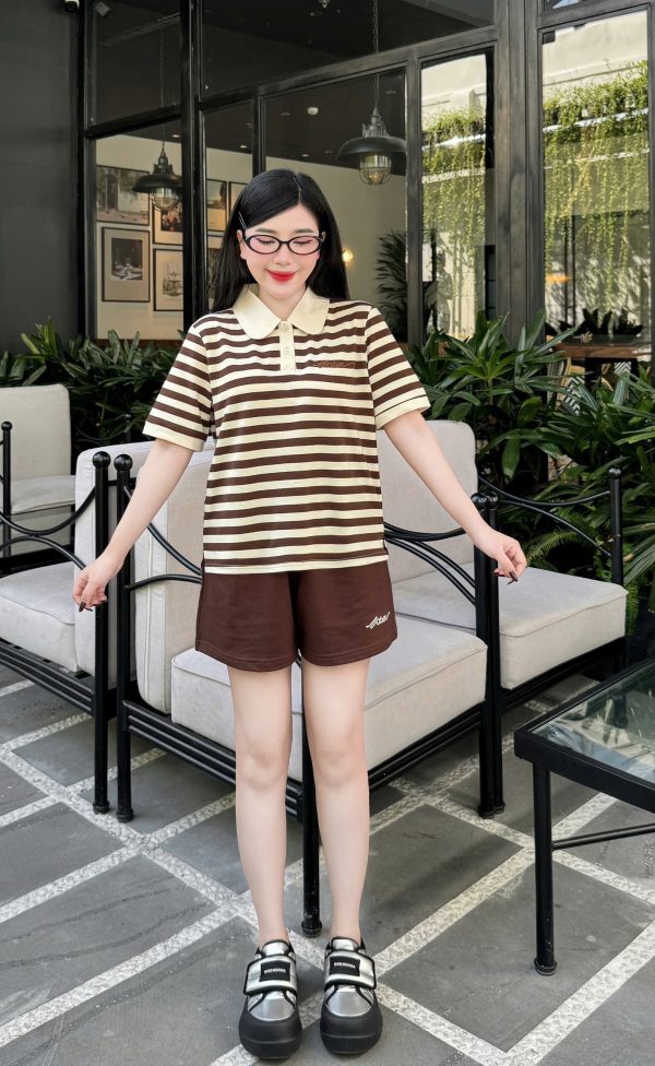 Set Bộ đùi cổ trụ áo sọc thêu chữ quần màu Khanh La - Ảnh 6